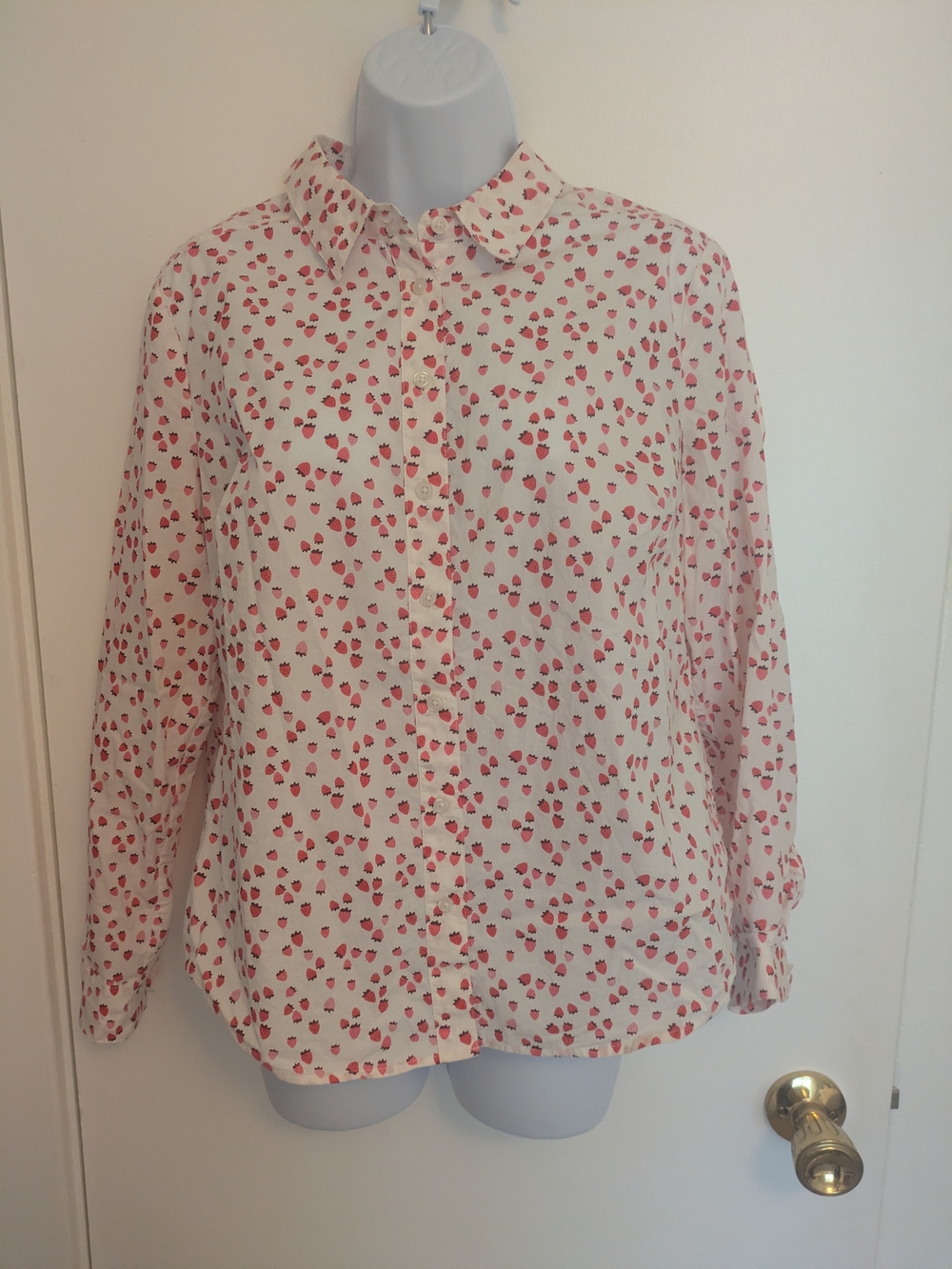 Boden White Button-Down Shirt with Pink & Red Strawberry Motif Women's Size 10P